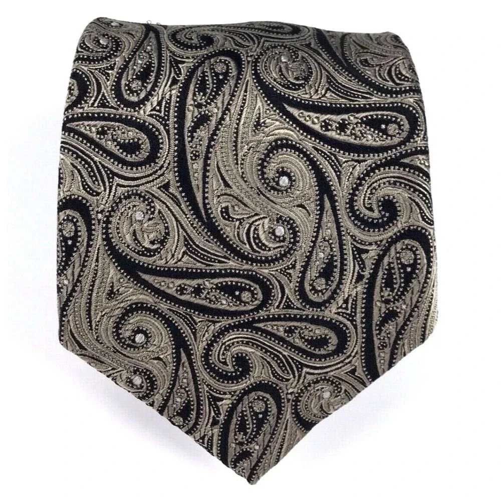 Chaps Ralph Lauren Men's Tie 100% Silk Light Brown Tan Black Paisley Necktie 58